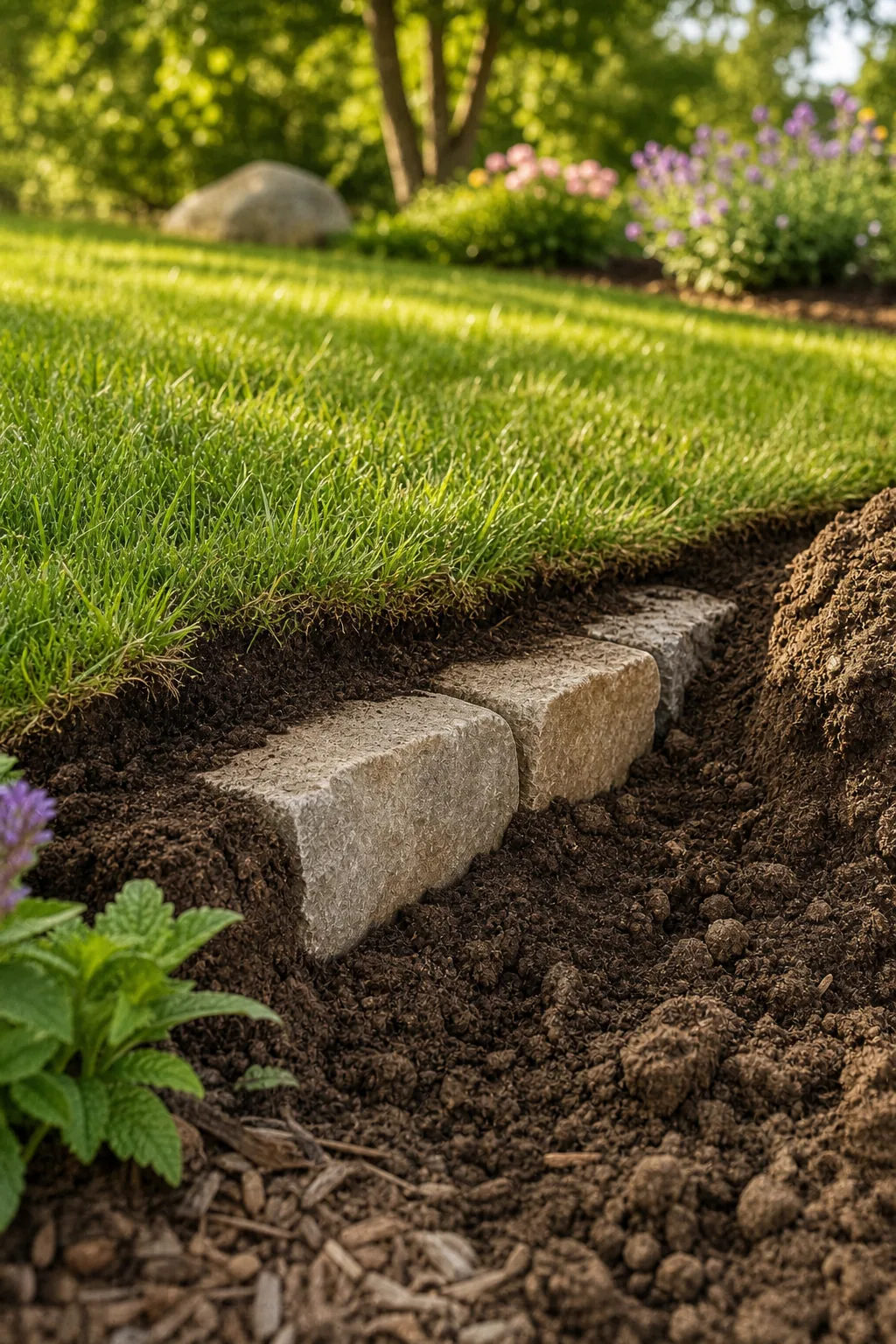 The lowest course of a stone retaining wall buried below the grass line in dark soil.