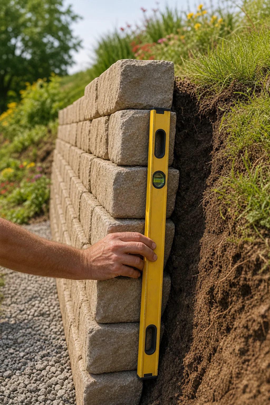 A yellow spirit level held against the slightly backward-leaning face of a stone retaining wall.