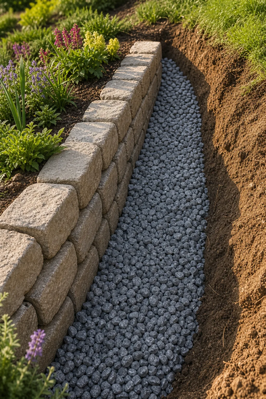 A 12-inch wide gap behind a retaining wall filled with clean grey crushed stone.