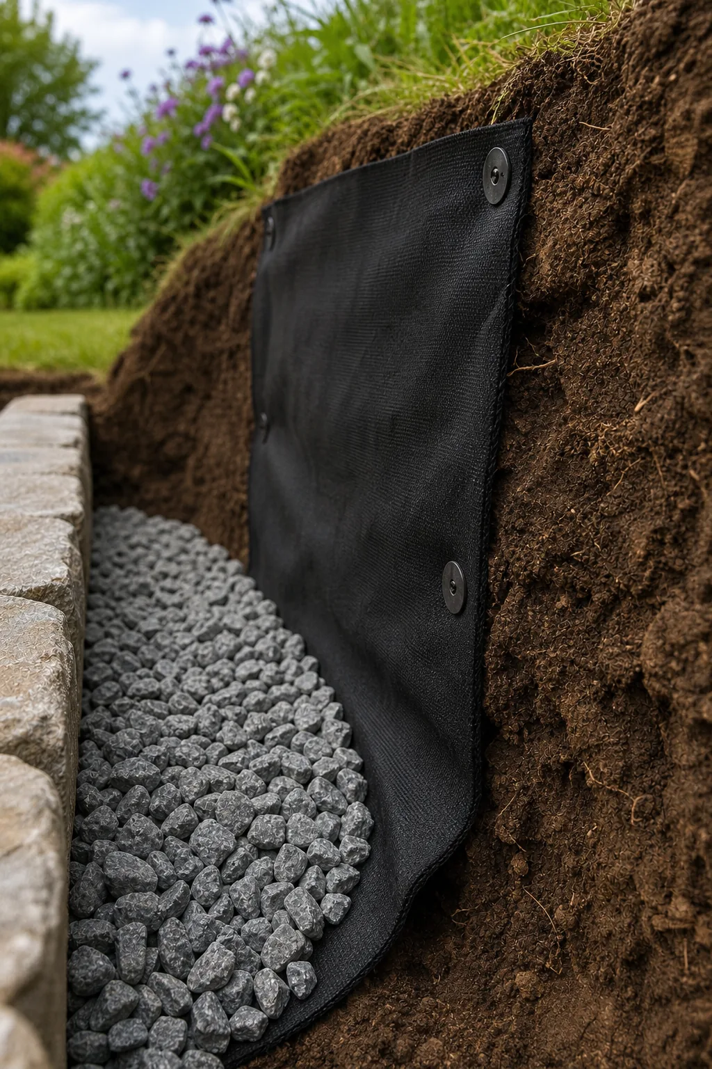 Black non-woven geotextile fabric separating raw dirt from crushed drainage gravel.