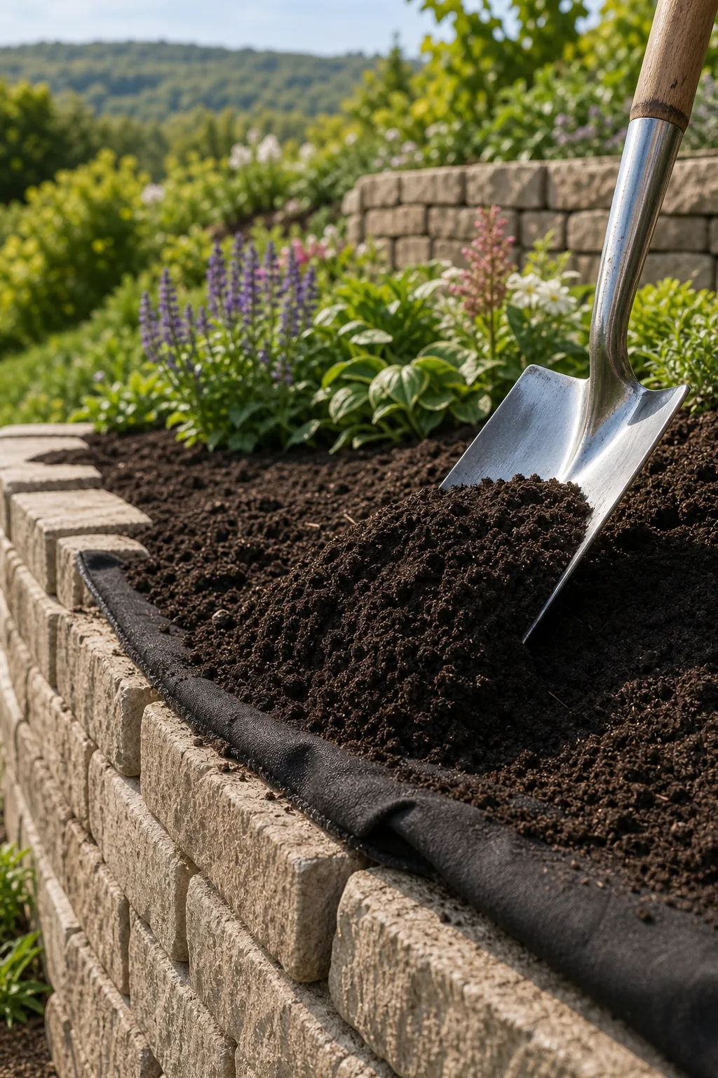 A steel spade leveling dark topsoil in a raised terrace bed above landscape fabric.