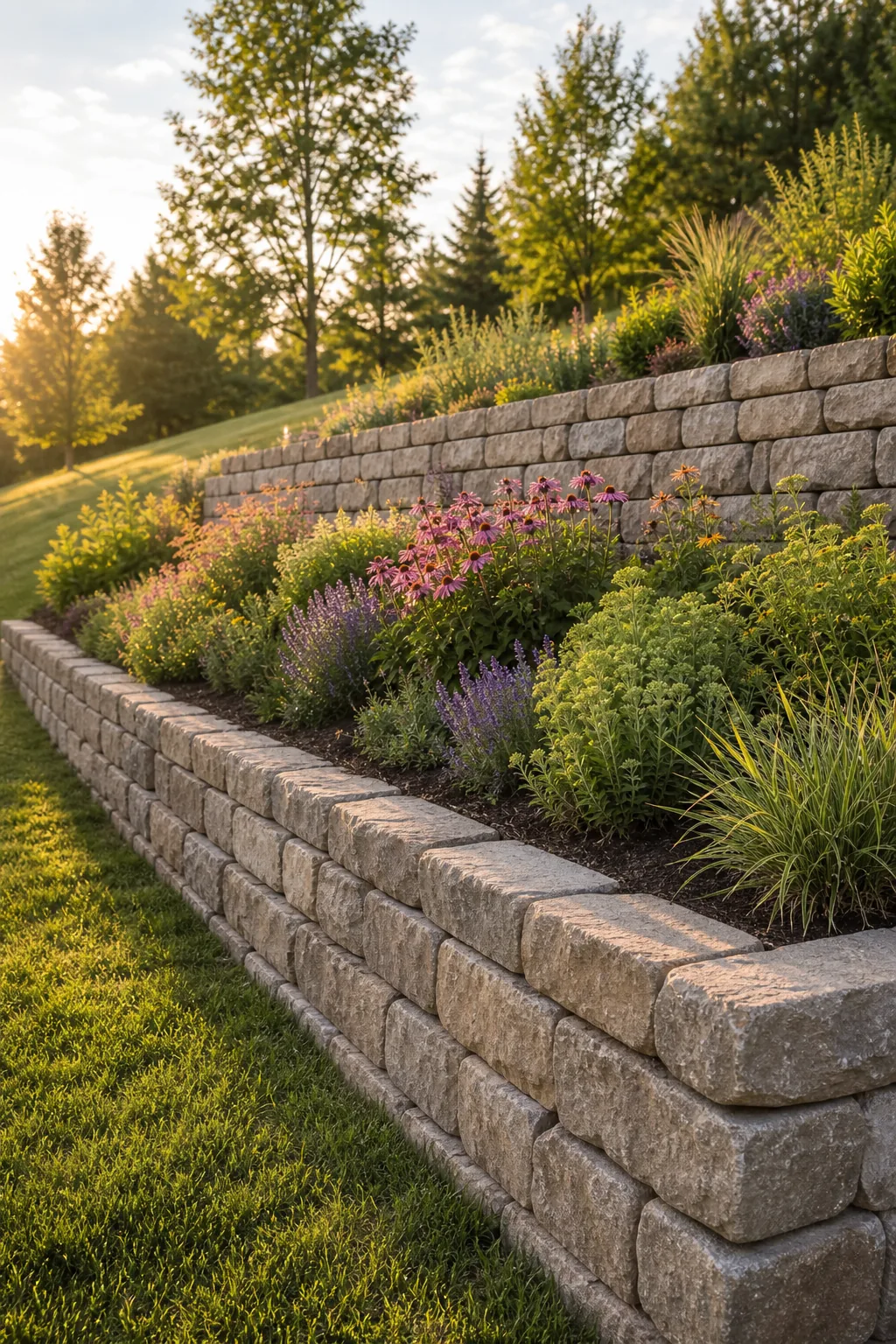 A completed two-tier terraced garden with a wide planting bed separating the stone walls.