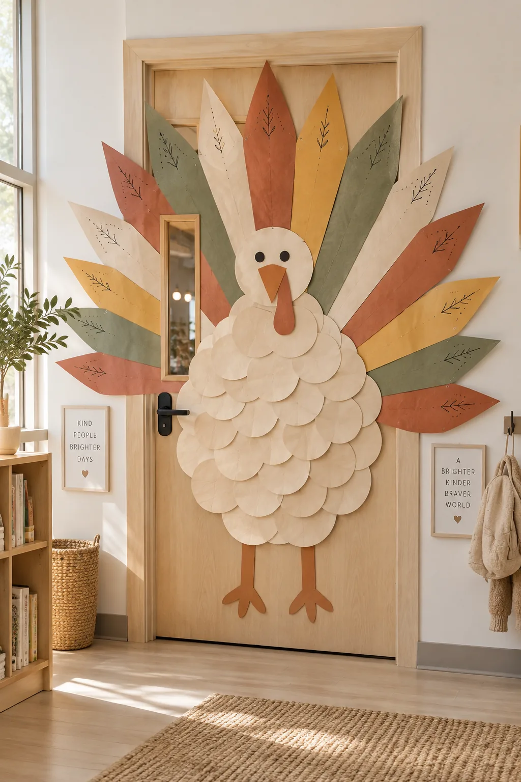 Large paper turkey covering a classroom door with colorful triangle feathers.