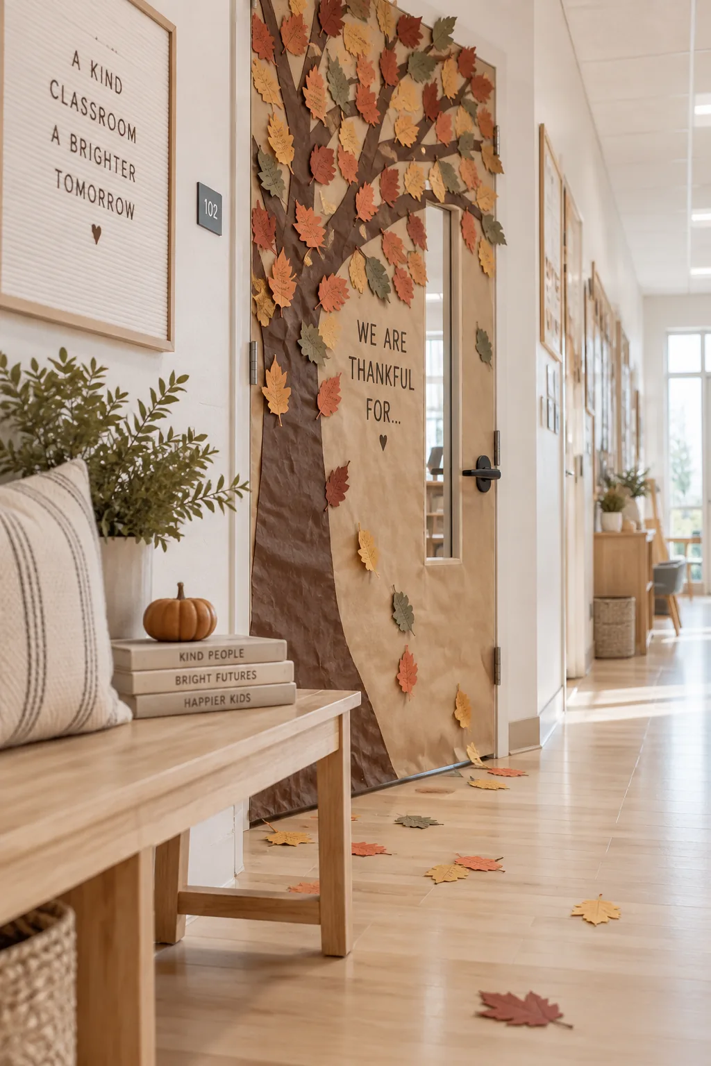 Classroom door with a brown paper tree trunk and scattered colorful leaves.