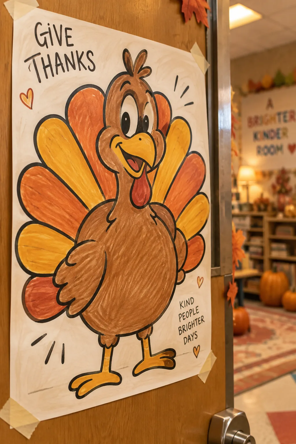 Retro cartoon turkey scene drawn on poster board on a classroom door.