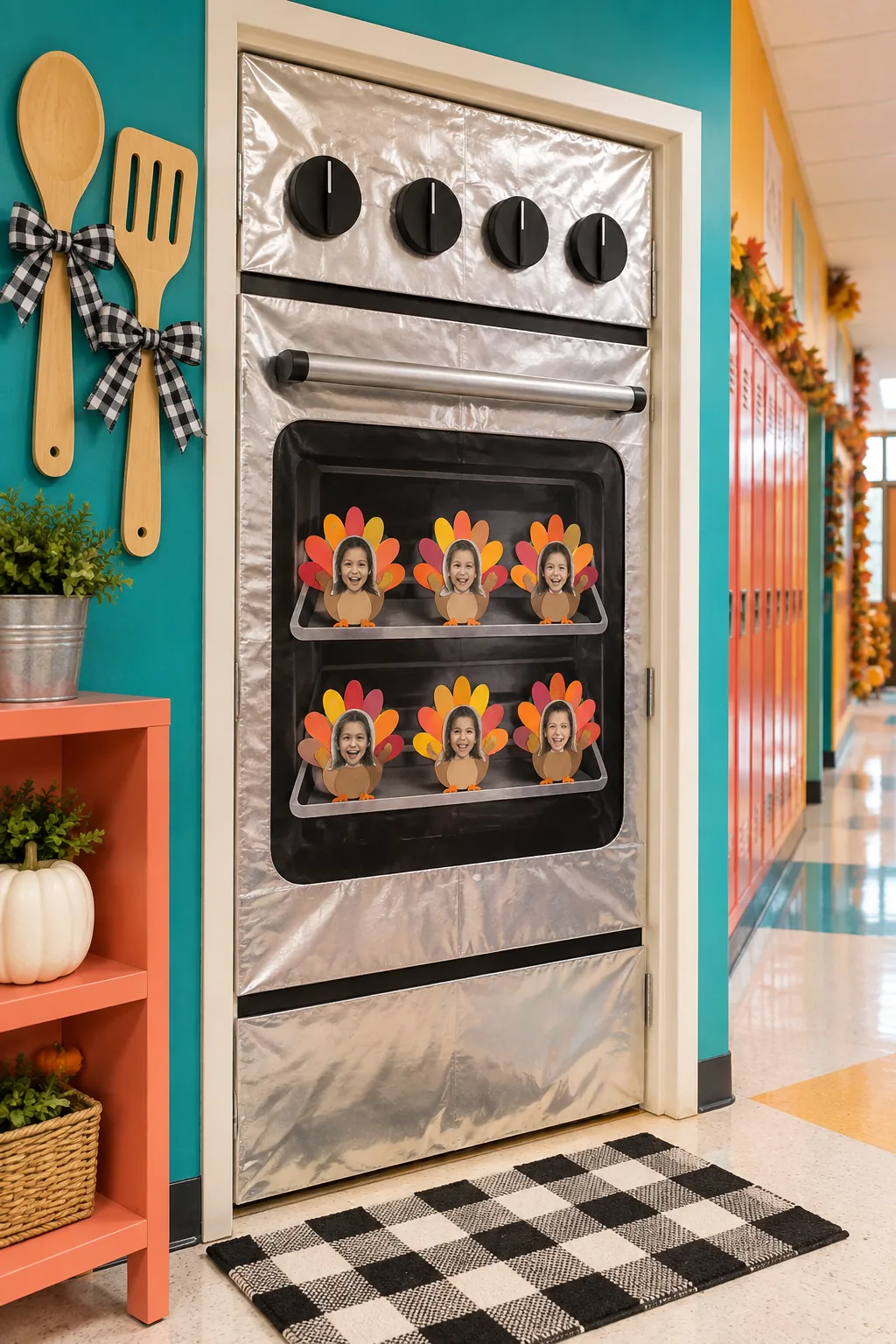 Classroom door wrapped in silver paper to look like an oven with little turkeys inside.