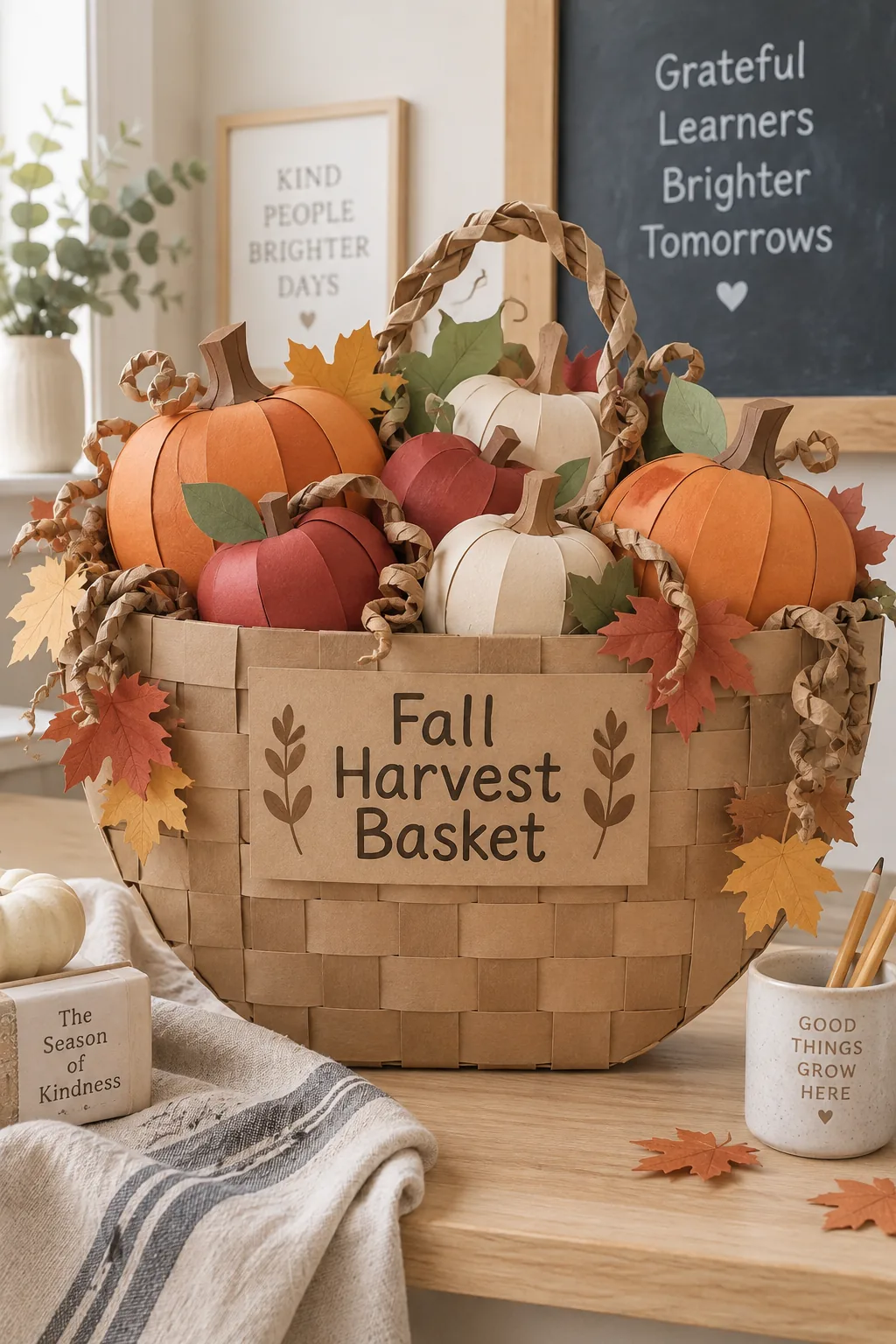 Classroom door featuring a woven paper basket filled with paper pumpkins and apples.