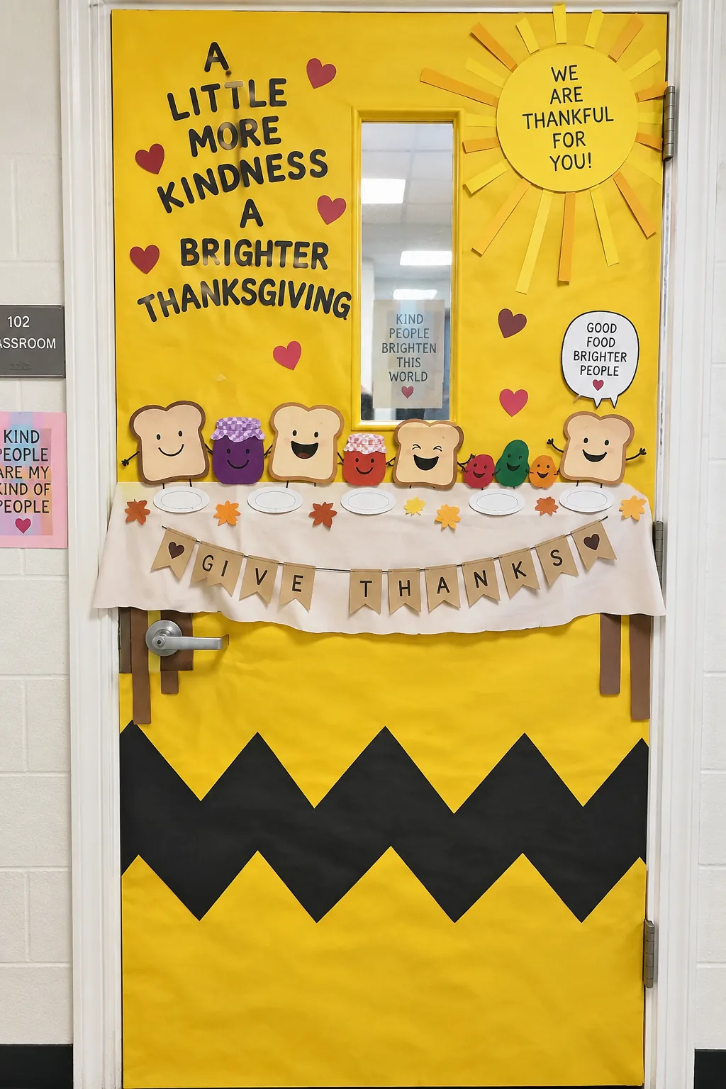 Yellow door with a black zig zag stripe and a paper table with toast and jellybeans.