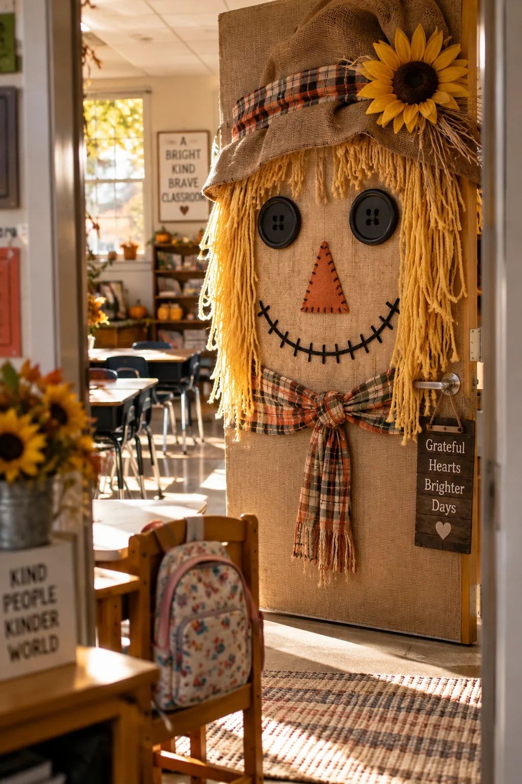 Classroom door decorated as a giant scarecrow face with a burlap hat and yarn hair.
