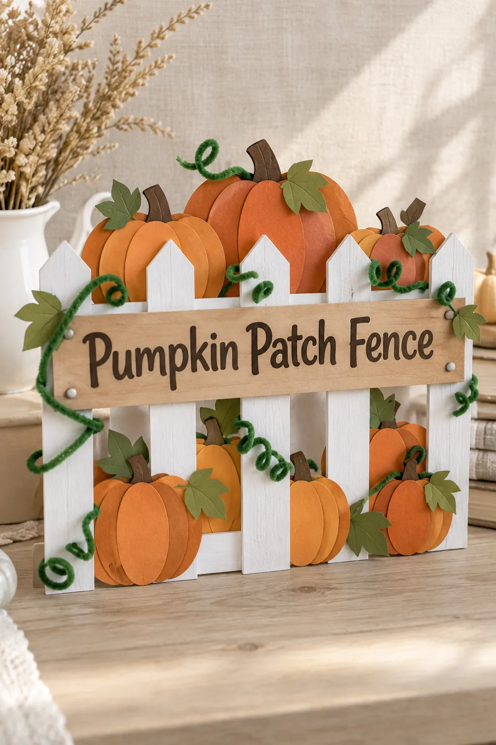 White paper picket fence on a door with orange paper pumpkins tucked behind it.