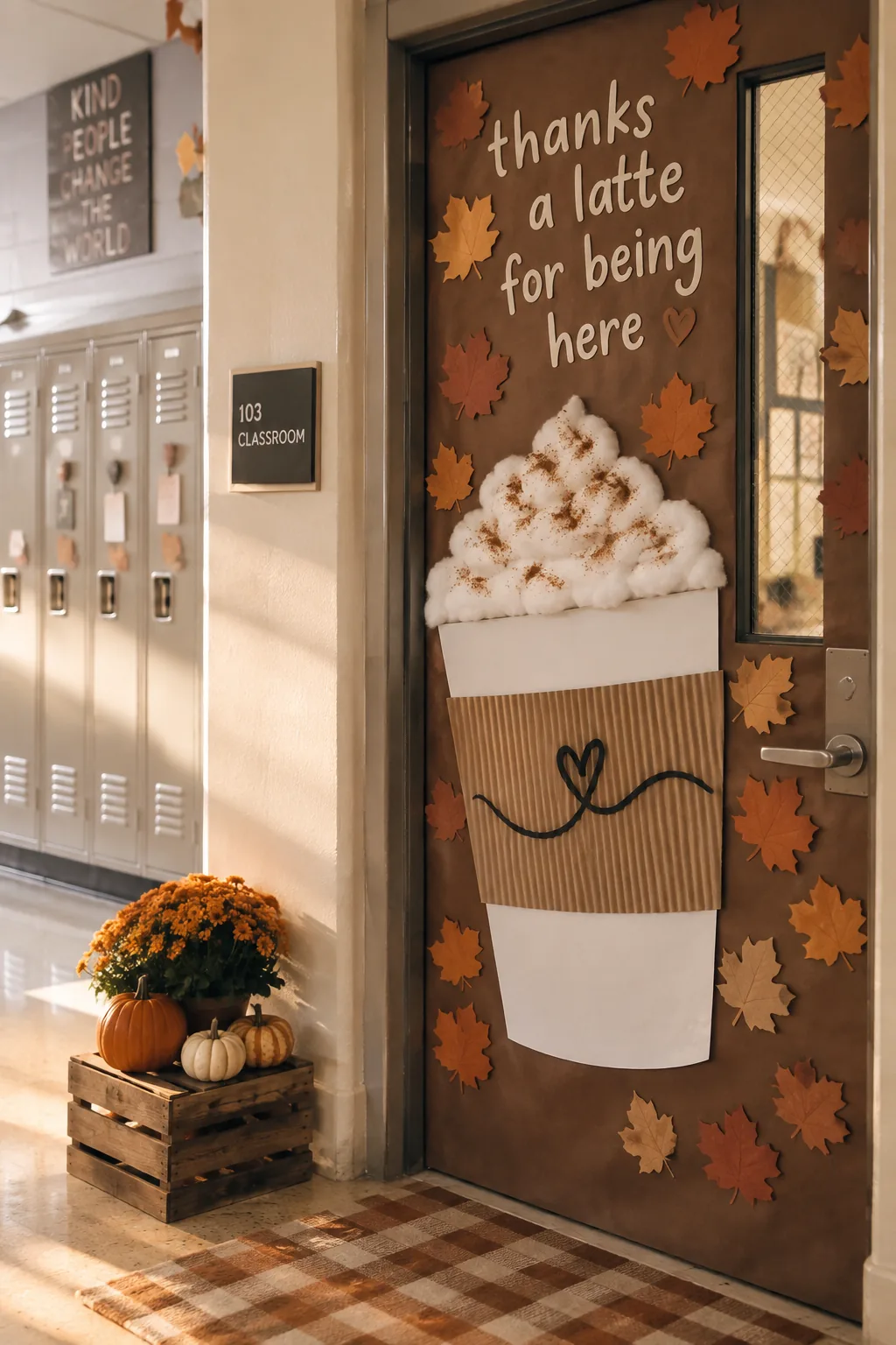 Classroom door featuring a giant paper coffee cup with cotton batting whipped cream.