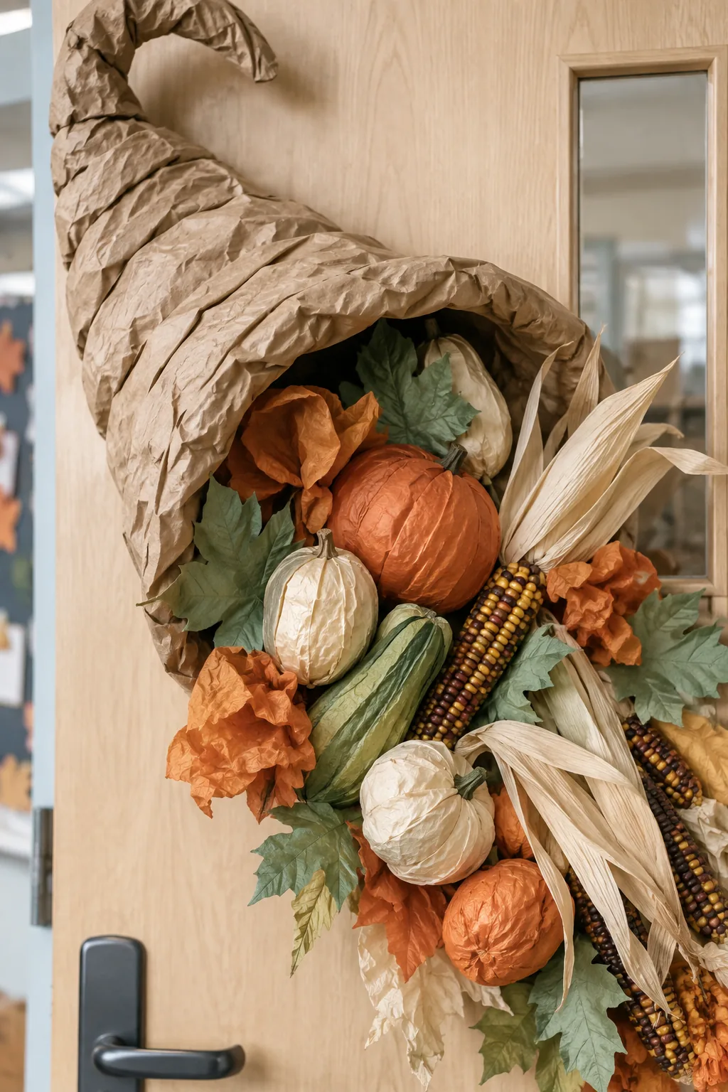 Brown craft paper rolled into a cornucopia spilling tissue paper vegetables on a door.