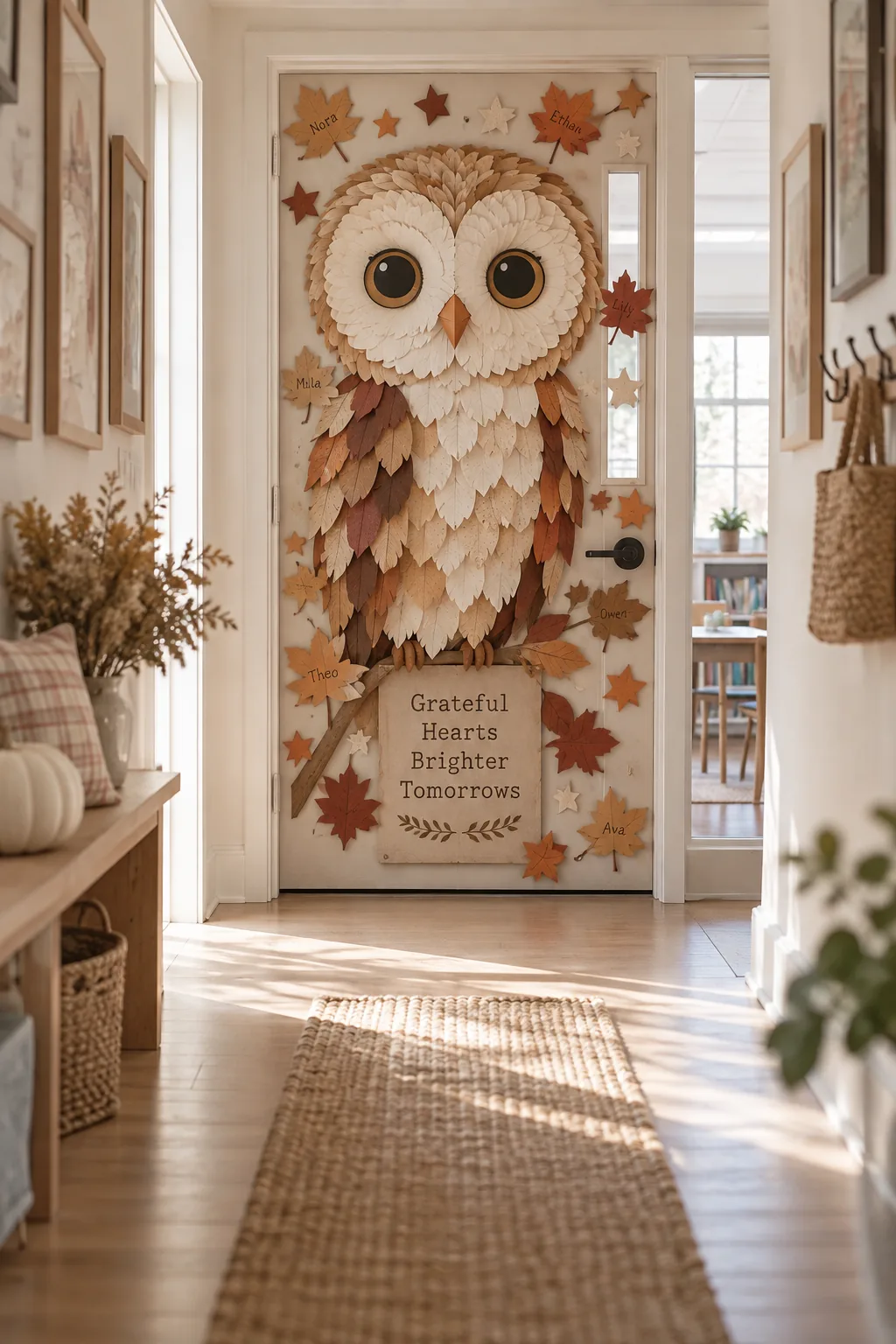 Classroom door covered in scalloped paper to look like a giant barn owl.