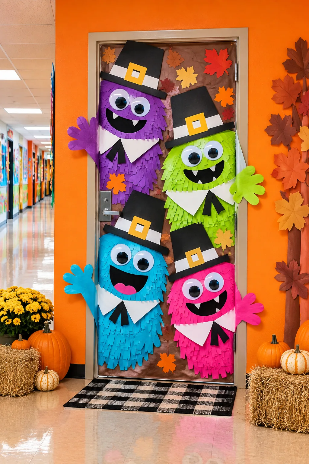 Colorful paper monsters wearing pilgrim hats on a classroom door.