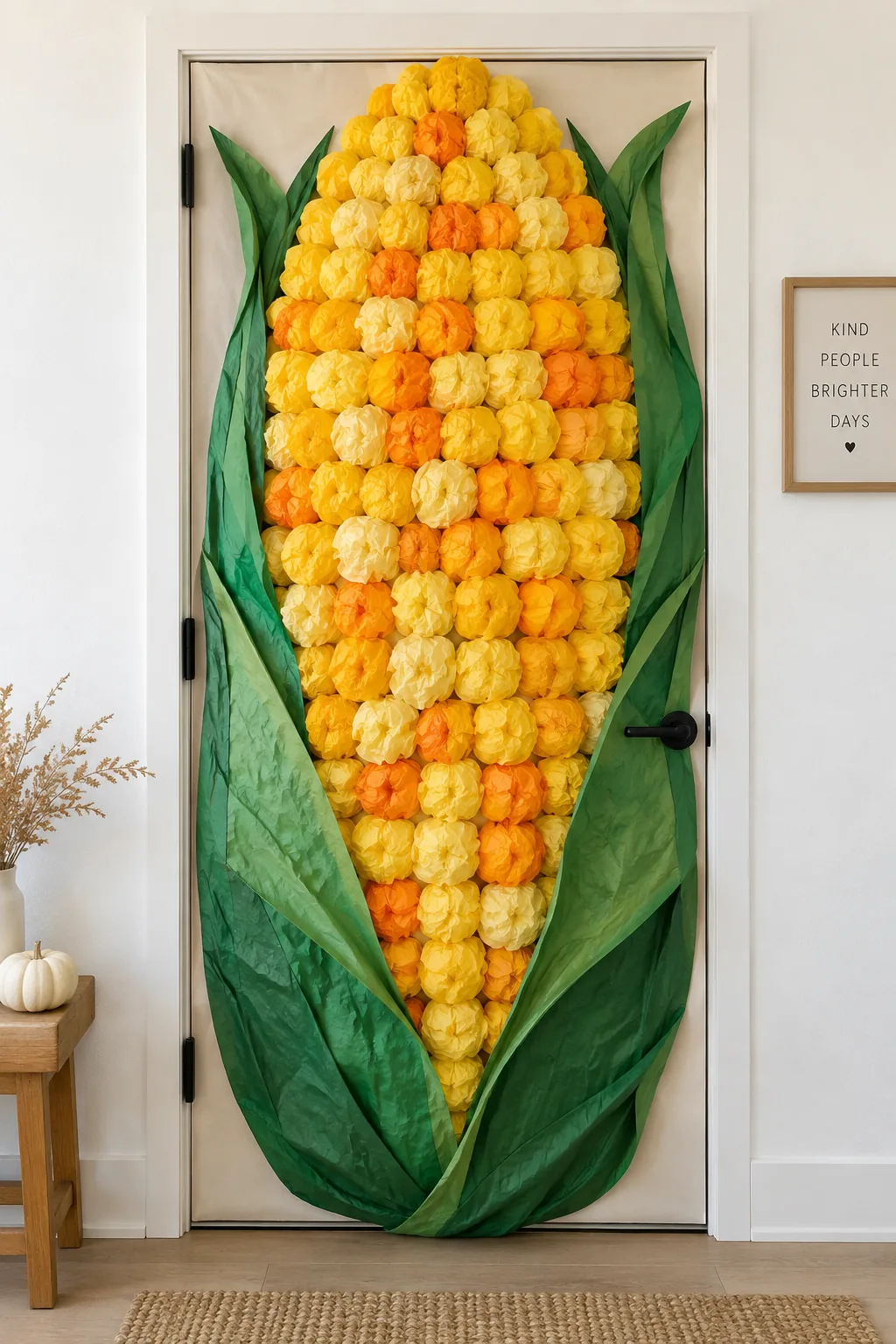 Giant ear of corn made from scrunched yellow and orange tissue paper on a door.