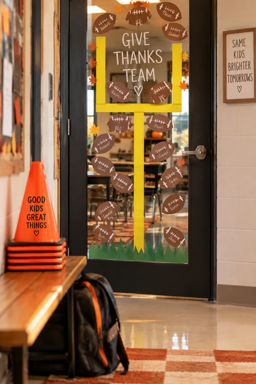 Classroom door with a yellow tape field goal and brown paper footballs.