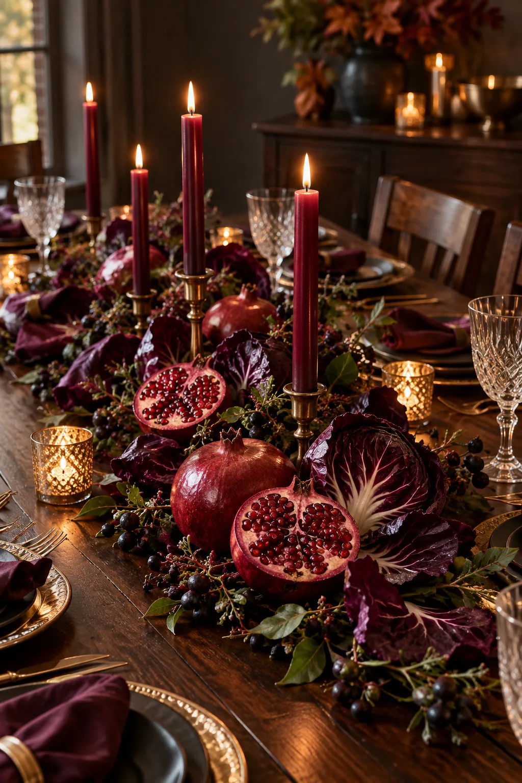 A moody Thanksgiving tablescape with halved pomegranates, red cabbage leaves, and dark red taper candles on a dark wood table.