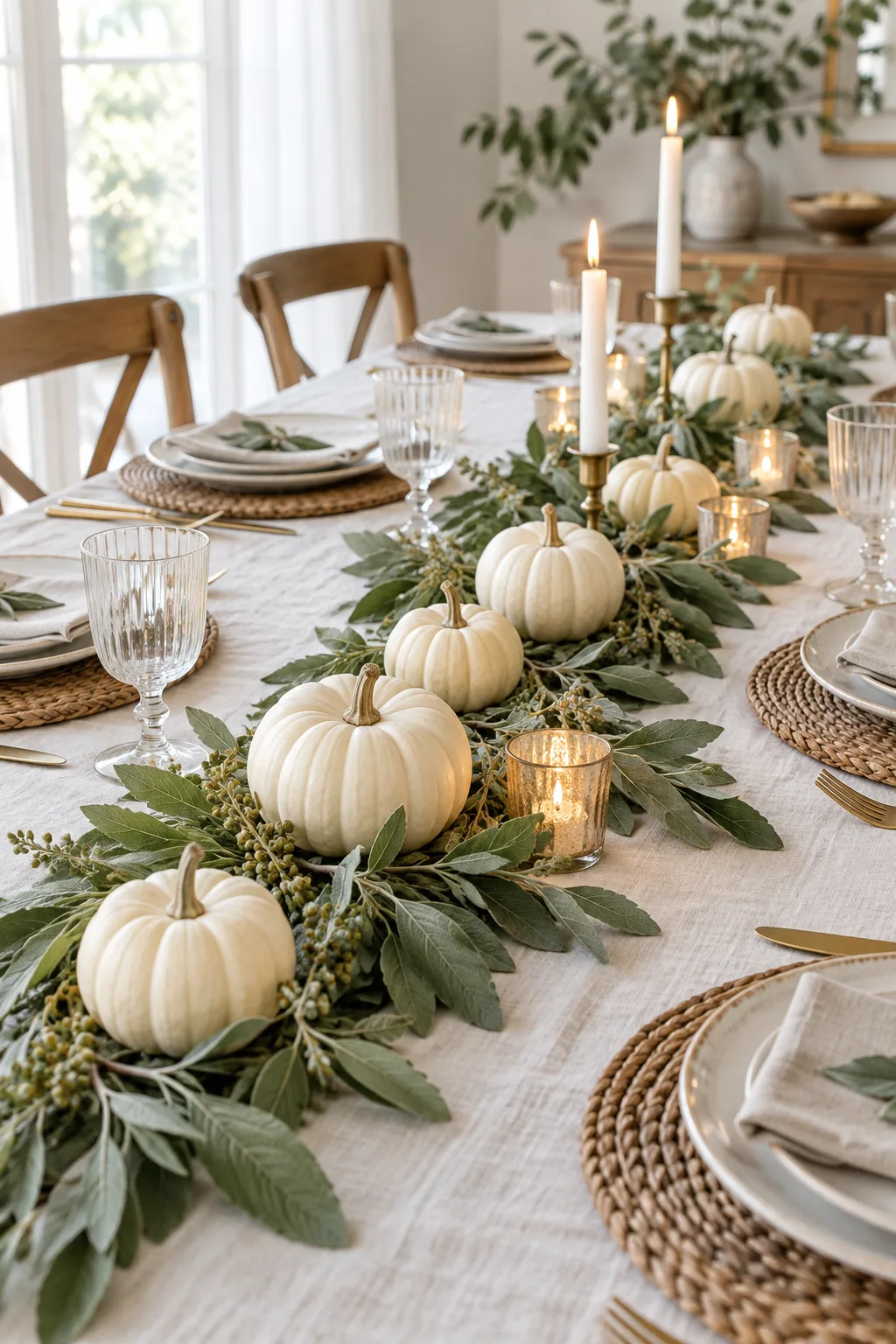 A minimalist Thanksgiving table with white mini pumpkins and fresh sage leaves on a white linen tablecloth.