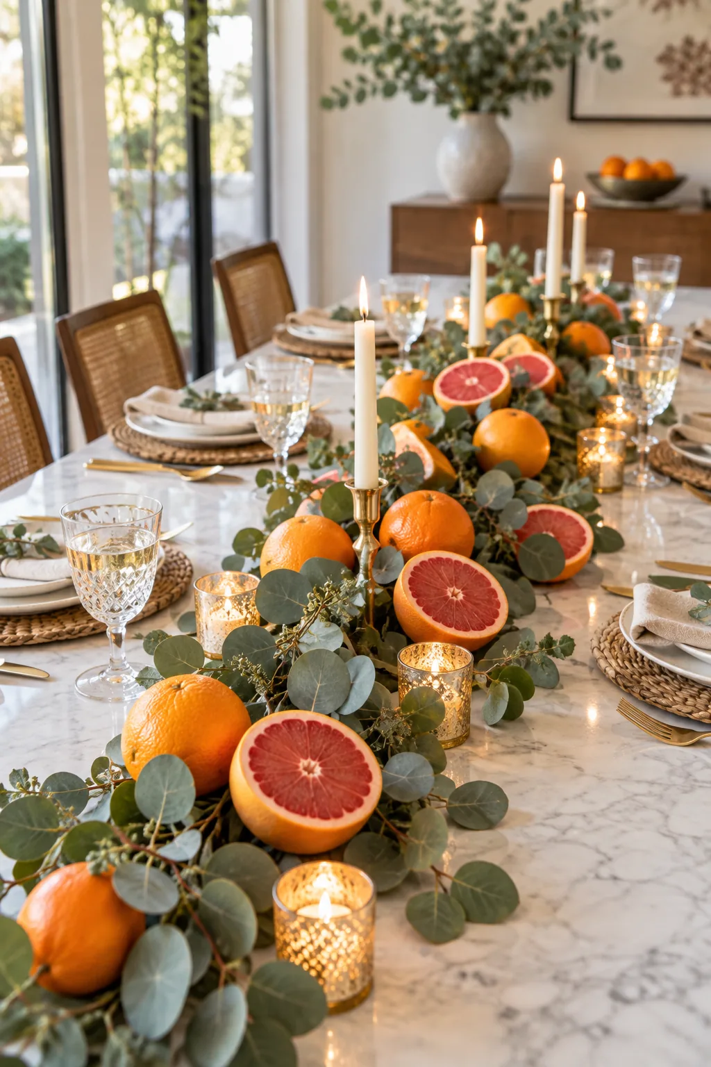 A modern Thanksgiving tablescape with oranges, sliced grapefruit, and eucalyptus branches on a white marble table.