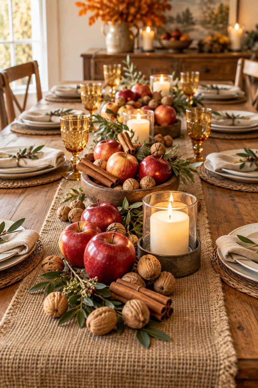 A rustic Thanksgiving tablescape with red apples, cinnamon sticks, and walnuts on a burlap table runner.