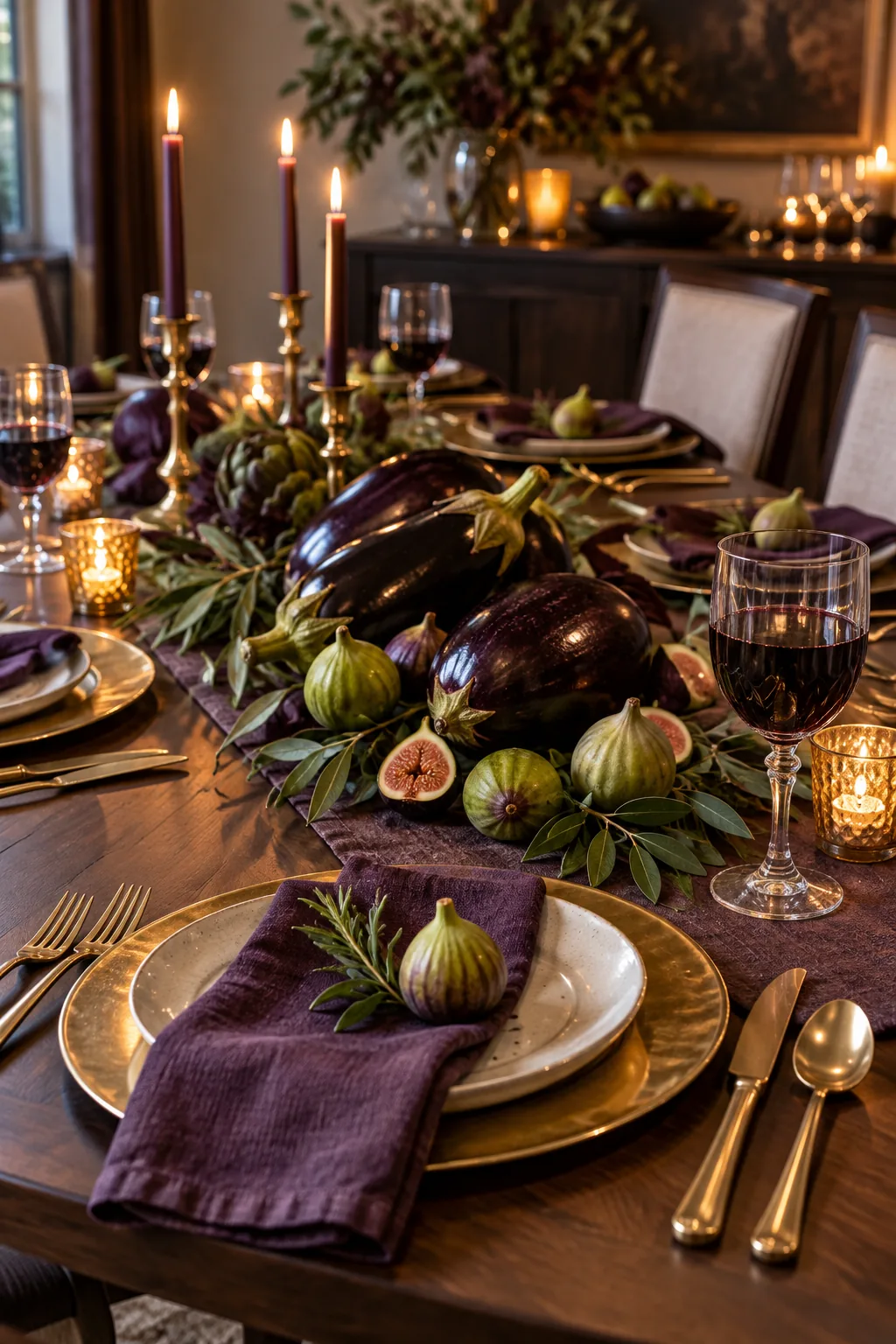 An elegant Thanksgiving tablescape with purple eggplants, fresh green figs, and gold flatware on brass chargers.