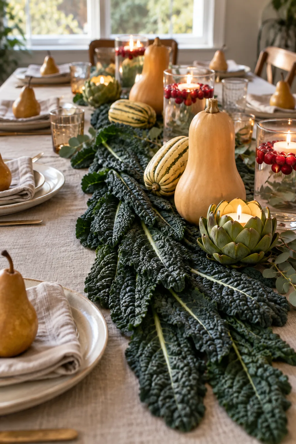 Close-up of dark green lacinato kale leaves overlapping to form a table runner on light linen.