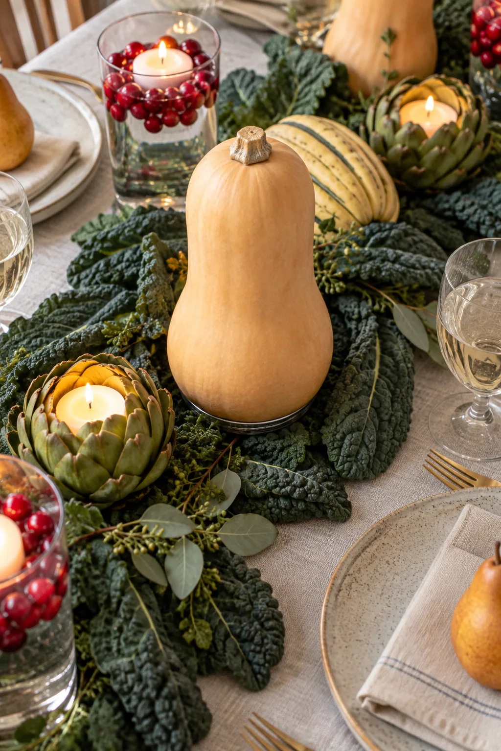 A butternut squash standing upright on a dining table, stabilized by a silver metal canning ring at its base.