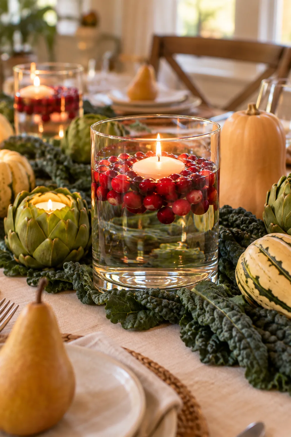 A hollowed-out green artichoke sitting on a table, holding a glowing LED tealight candle in its center.