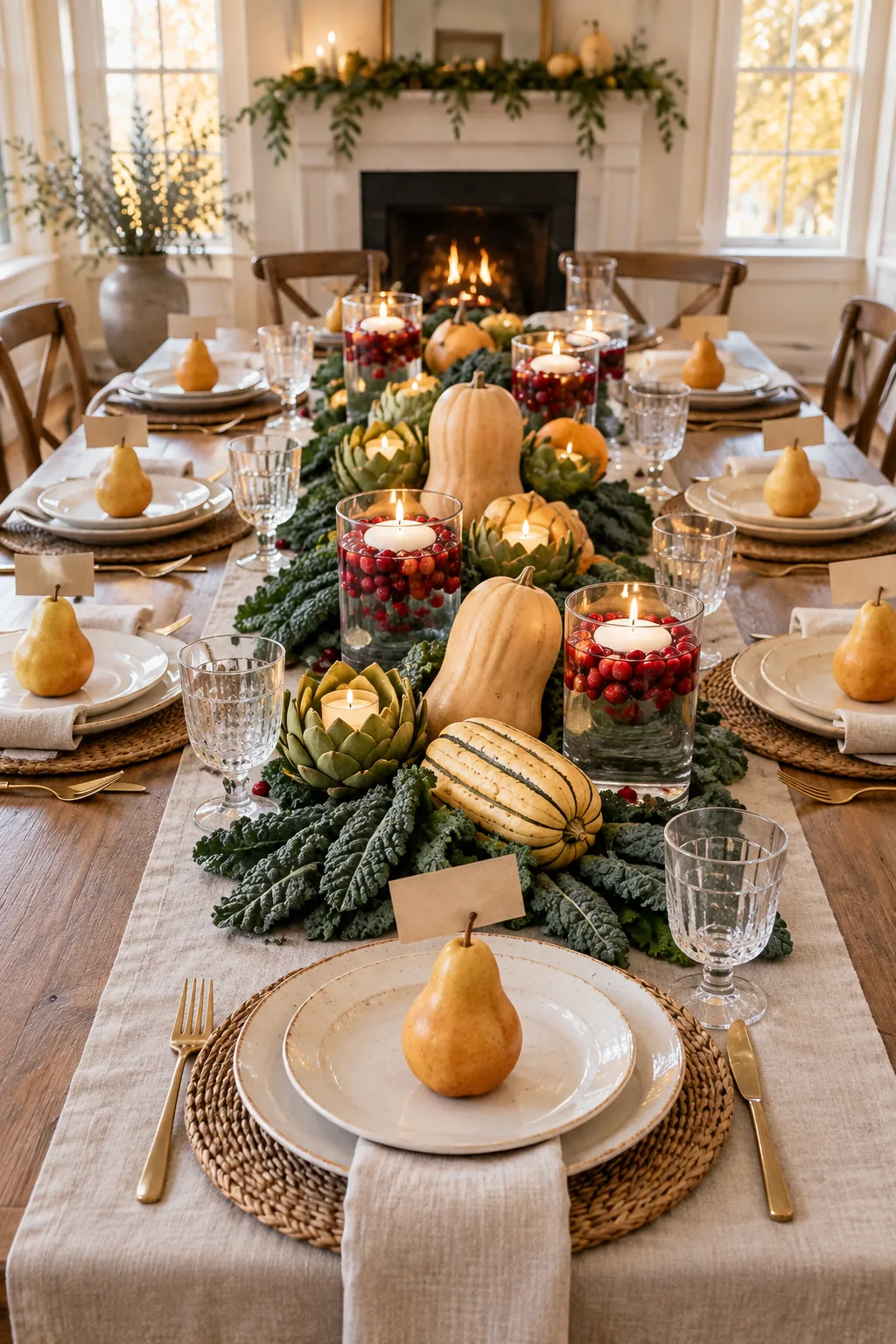 A clear glass cylinder vase filled with water, topped with a thick layer of floating red cranberries and a lit candle.