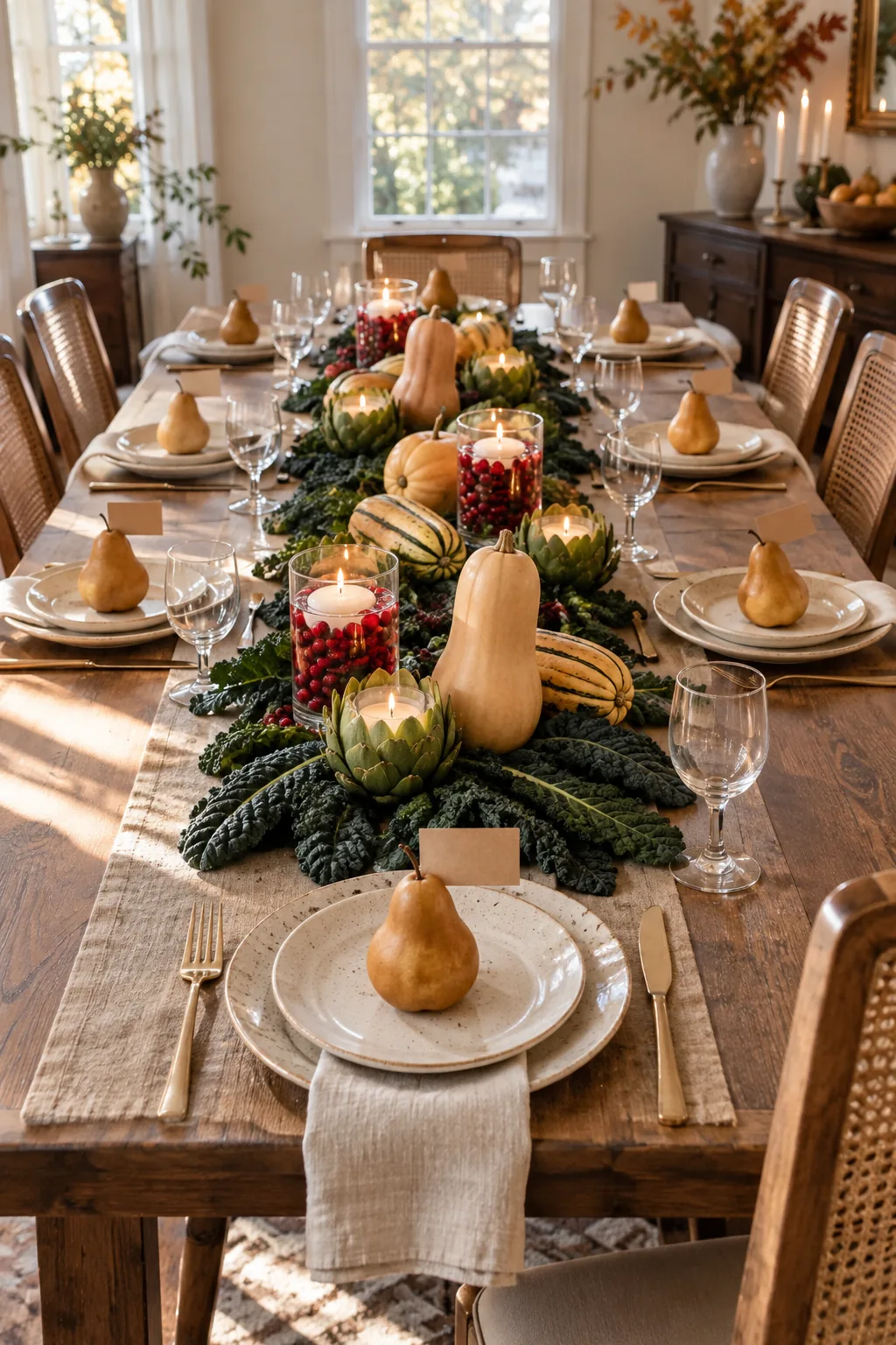 A golden Bosc pear sitting on a ceramic plate, holding a kraft paper name card in a slit near its stem.