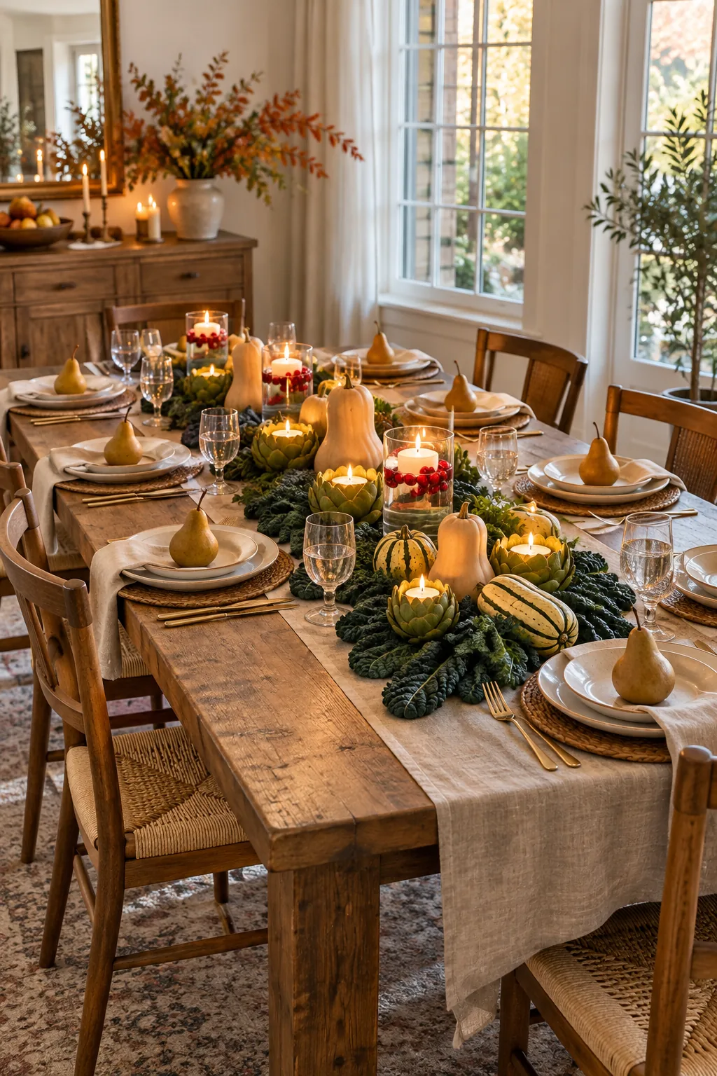 A fully decorated Thanksgiving dining table set for eight, featuring a produce-based centerpiece glowing with candlelight.