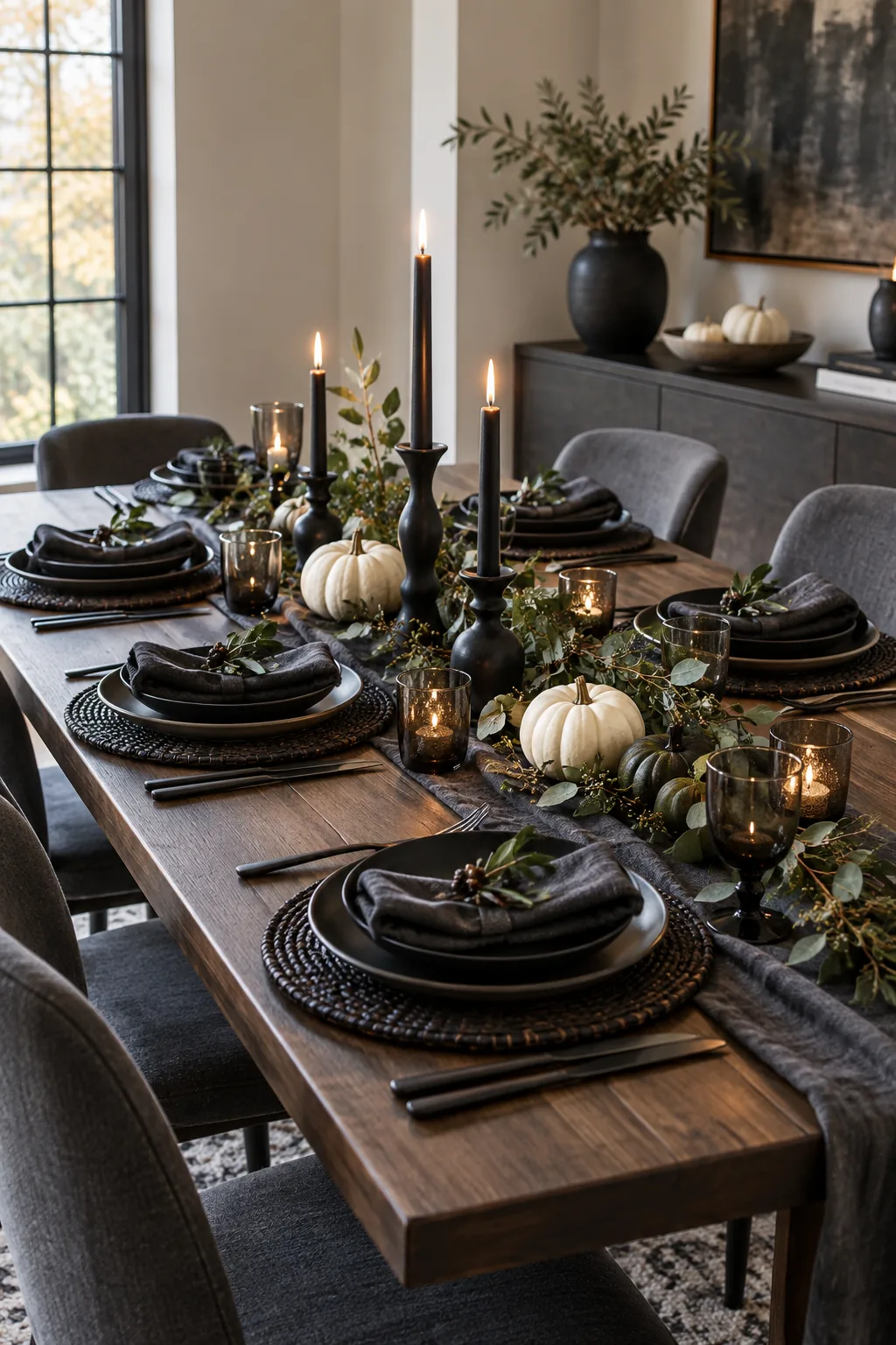 A modern minimalist Thanksgiving table setting with black ceramics and white pumpkins.