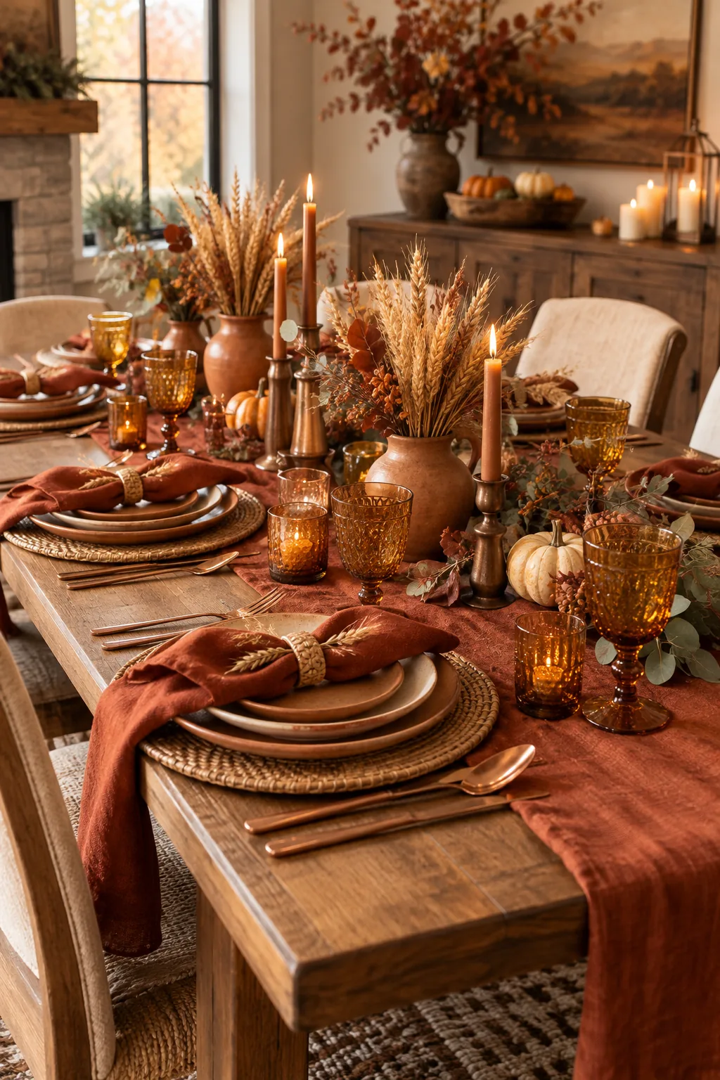 A warm Thanksgiving table setting featuring amber glassware and terracotta accents.