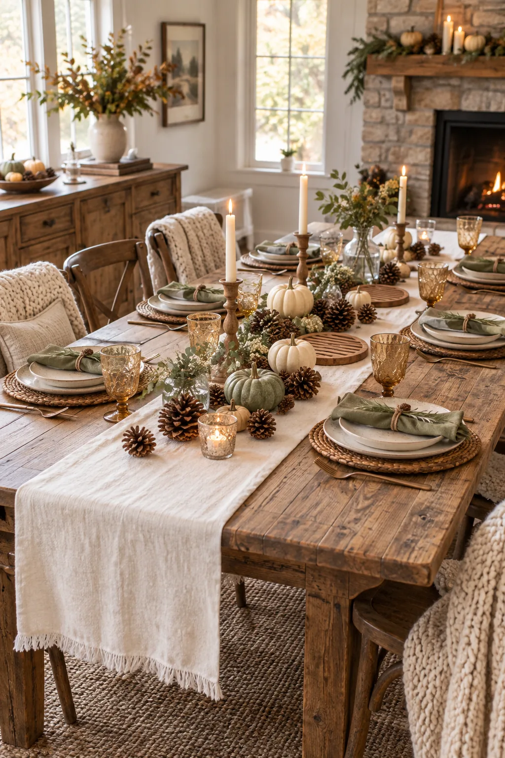 A rustic farmhouse Thanksgiving table setting with a white linen runner and pinecones on a bare wood table.