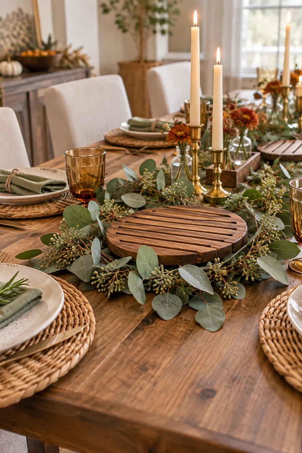 A close-up of a place setting featuring a speckled ceramic plate resting on a woven rattan charger.