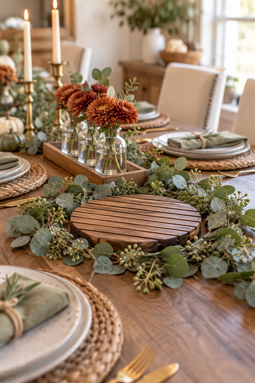 A round wooden slatted trivet placed on a table surrounded by seeded eucalyptus.