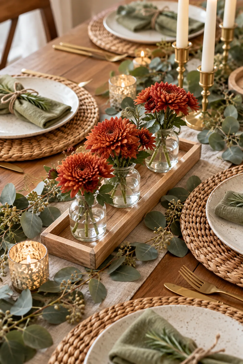A slim wooden tray holding three glass bud vases with rust-colored mums on a dining table.