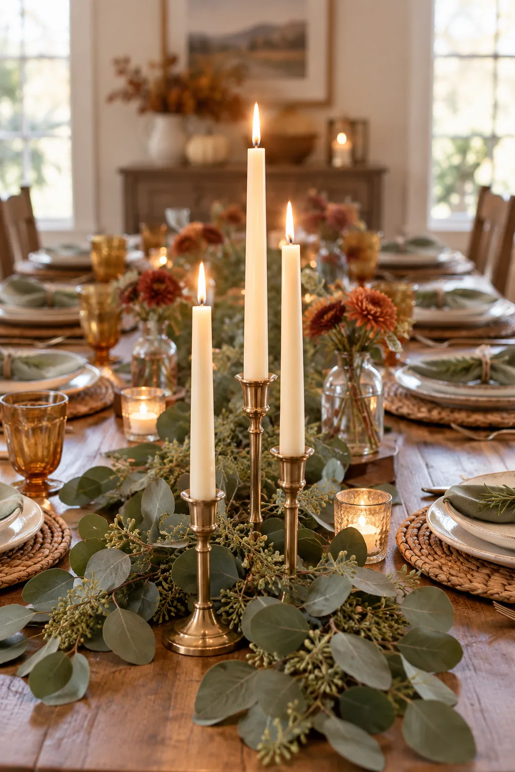 A cluster of three lit brass taper candles at the end of a decorated dining table.