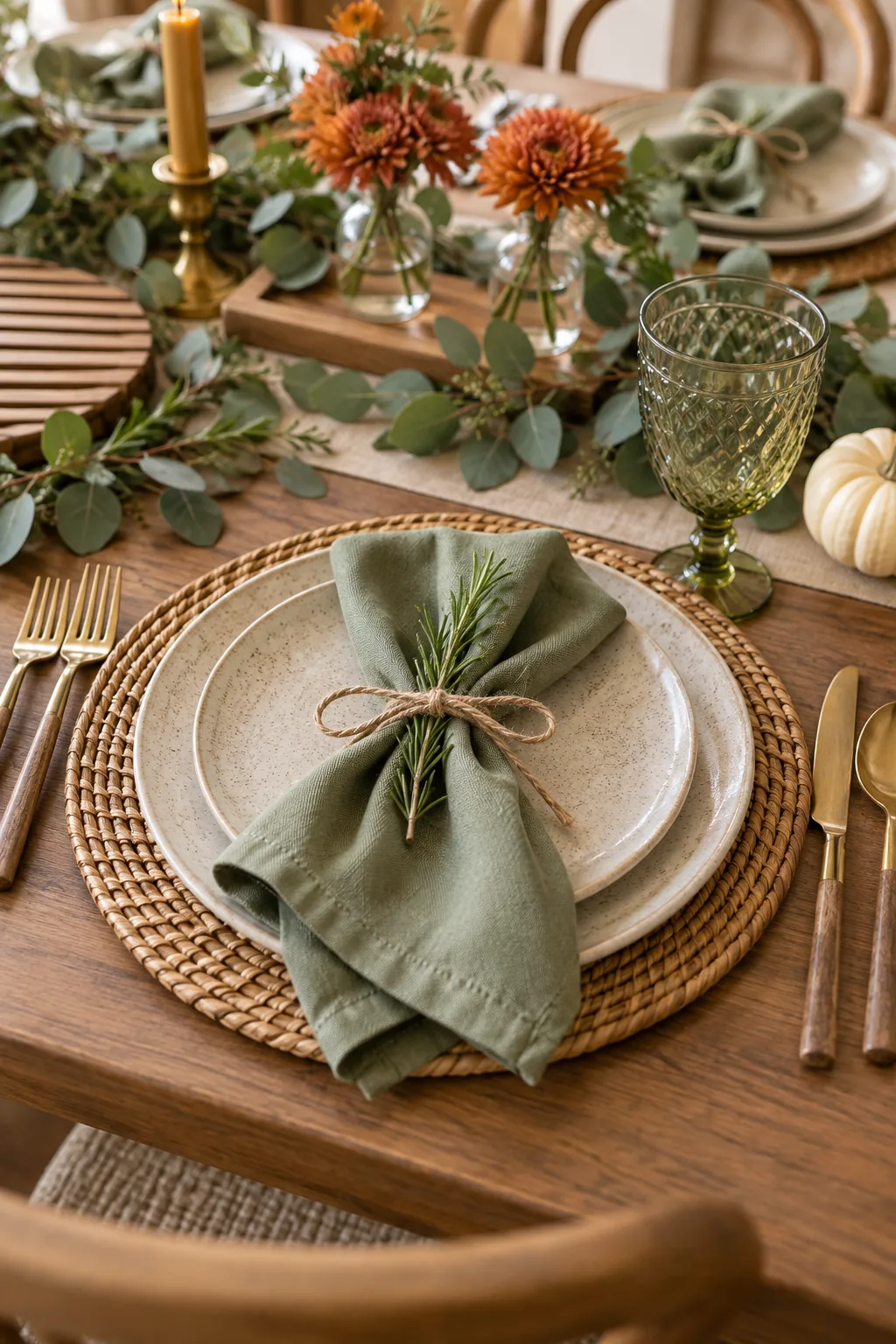 A sage green linen napkin tied with twine and a sprig of rosemary on a dinner plate.