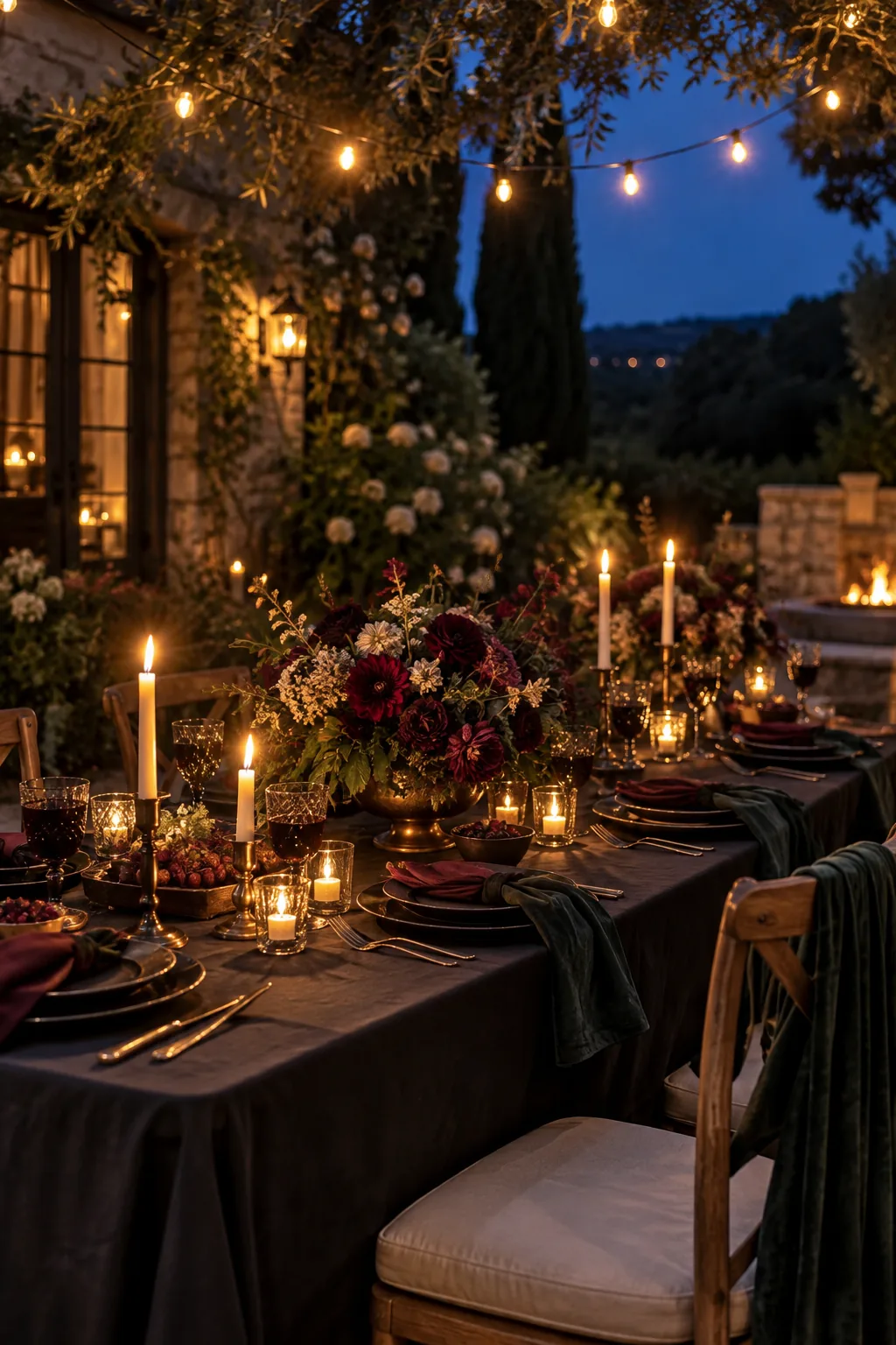 Dark moody outdoor dining table with burgundy napkins and brass candle holders
