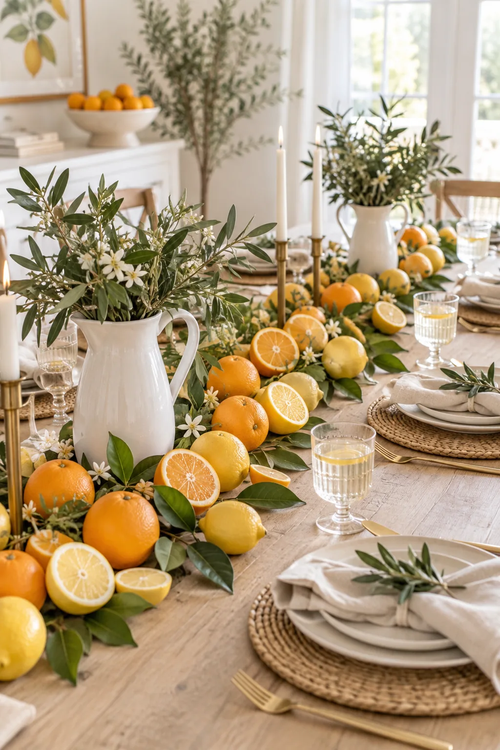 Table runner made of fresh whole and sliced citrus fruits with white pitchers