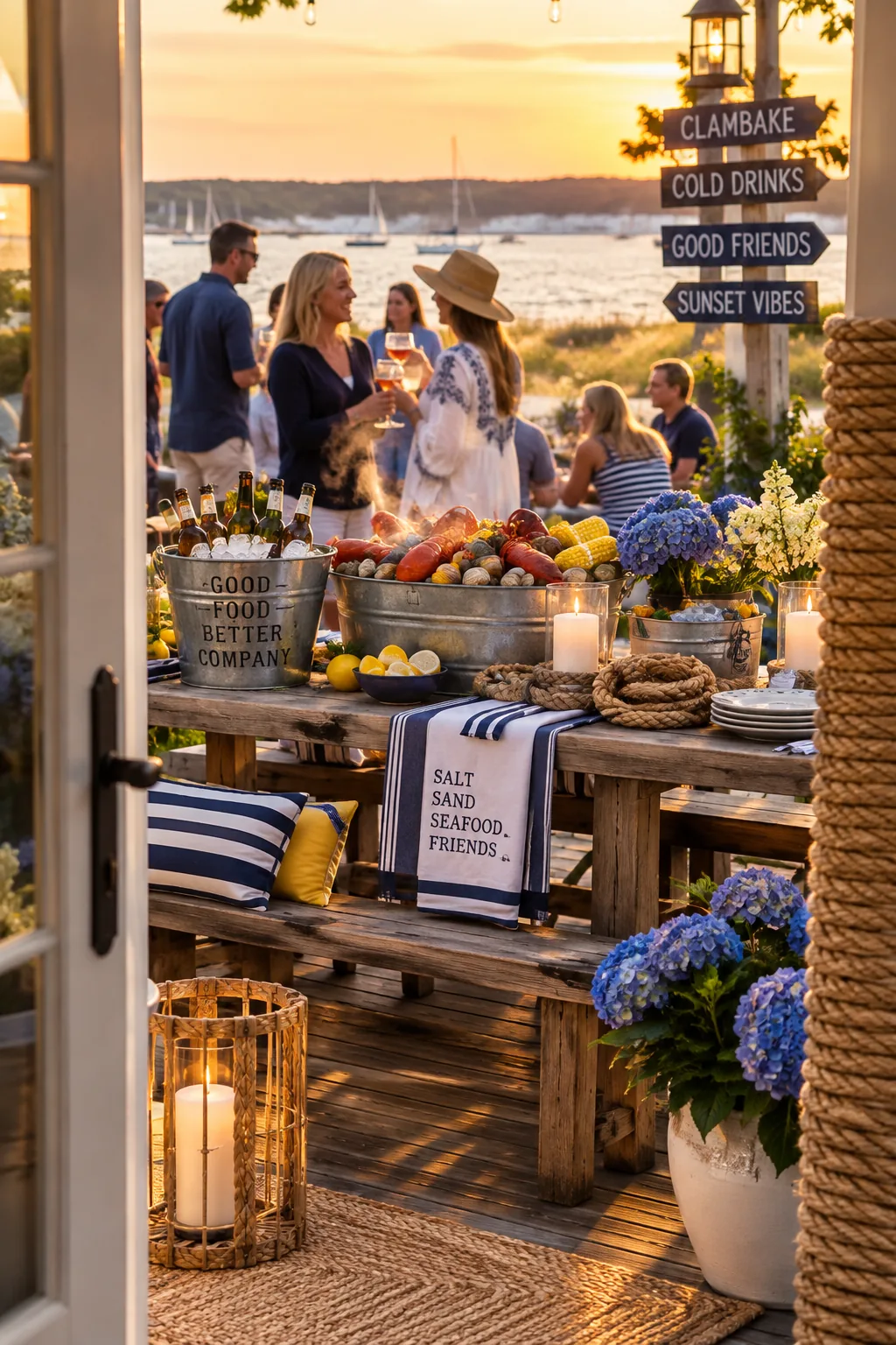 Wooden table with navy striped runner and galvanized metal buckets filled with drinks