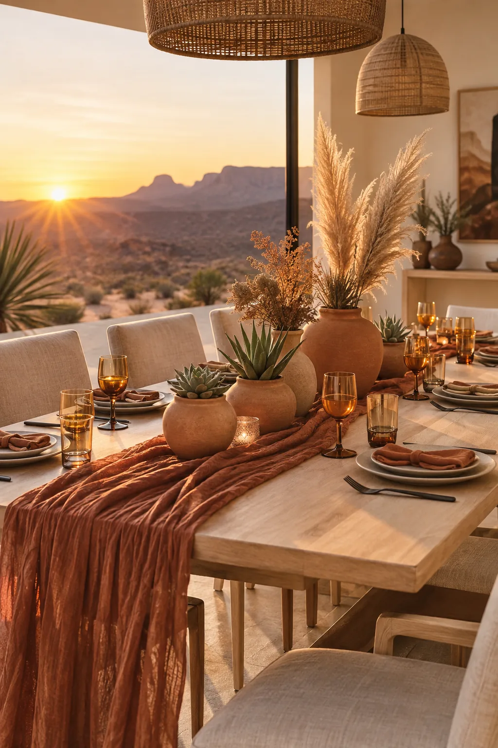 Terracotta pots with succulents on a rust colored gauze table runner