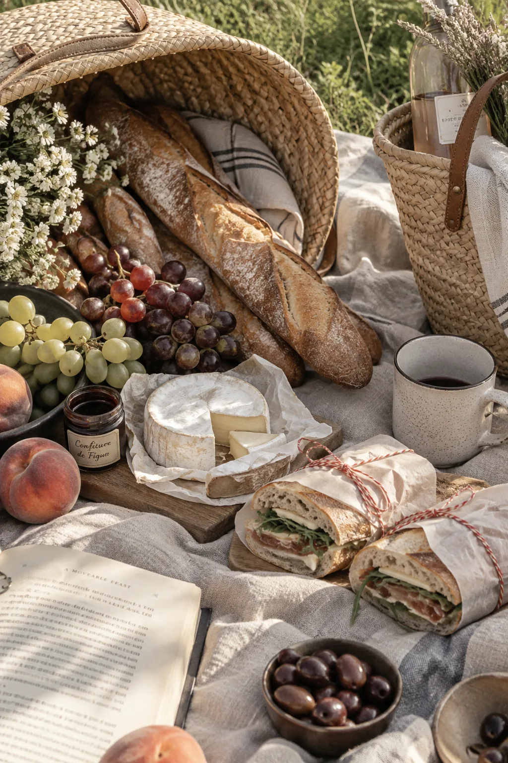 Woven market baskets spilling over with baguettes and cheese on a linen blanket