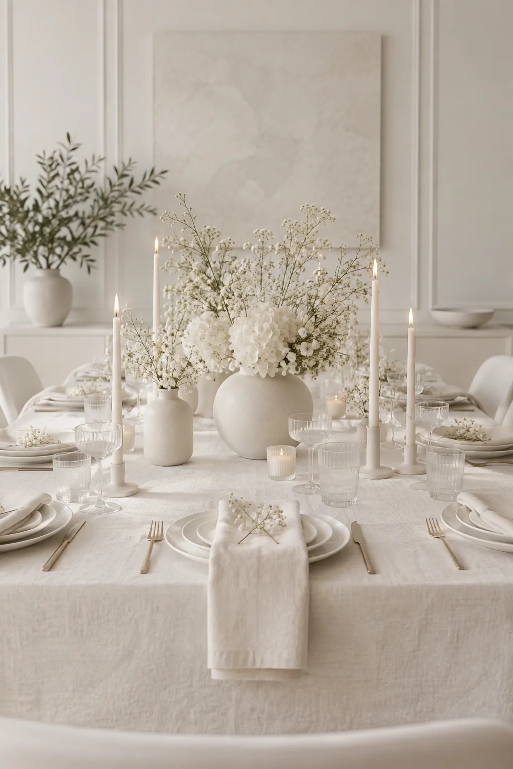 Modern all white dining table setting with cream accents