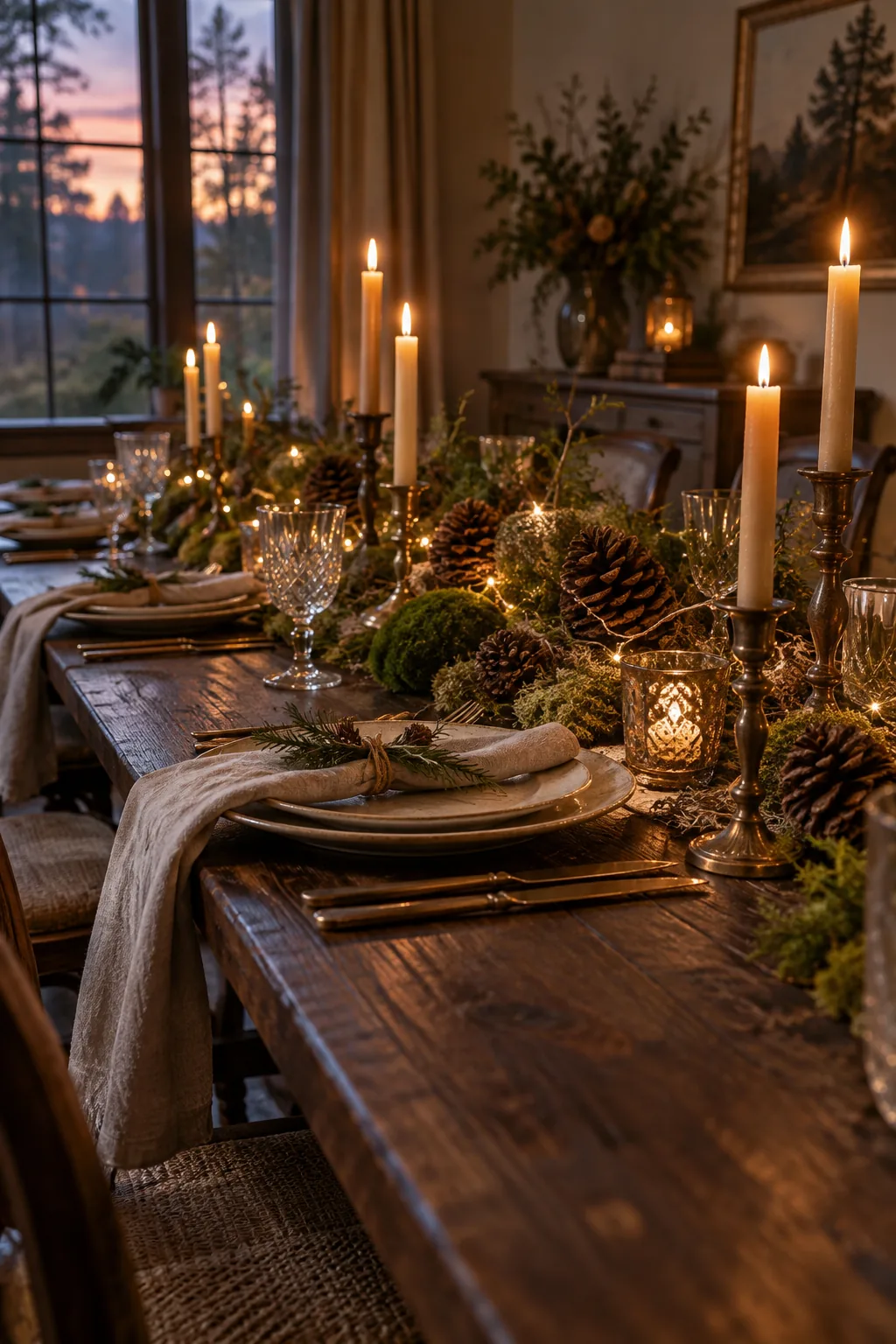 Dark wood table lined with thick moss, pinecones, and copper wire lights