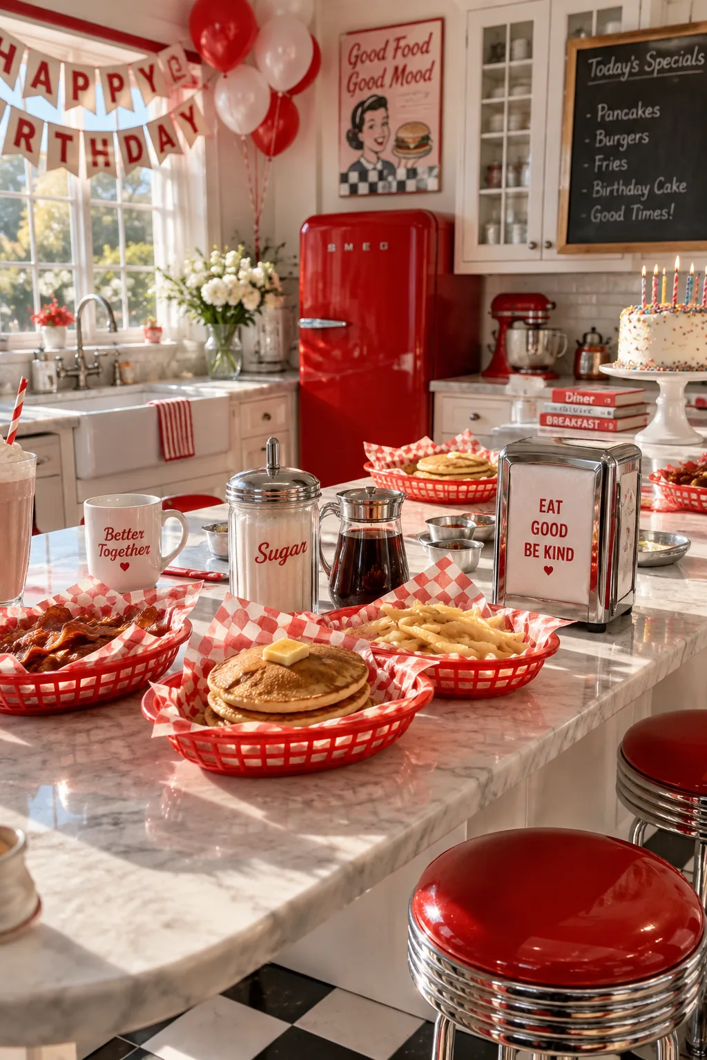 Red plastic baskets with checkered paper on a breakfast counter