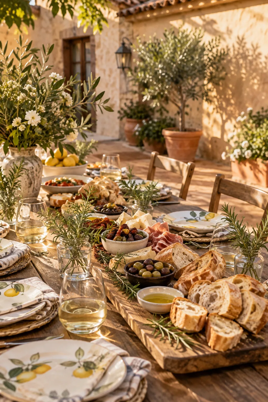 Long wooden board filled with breads and olives down the center of a table