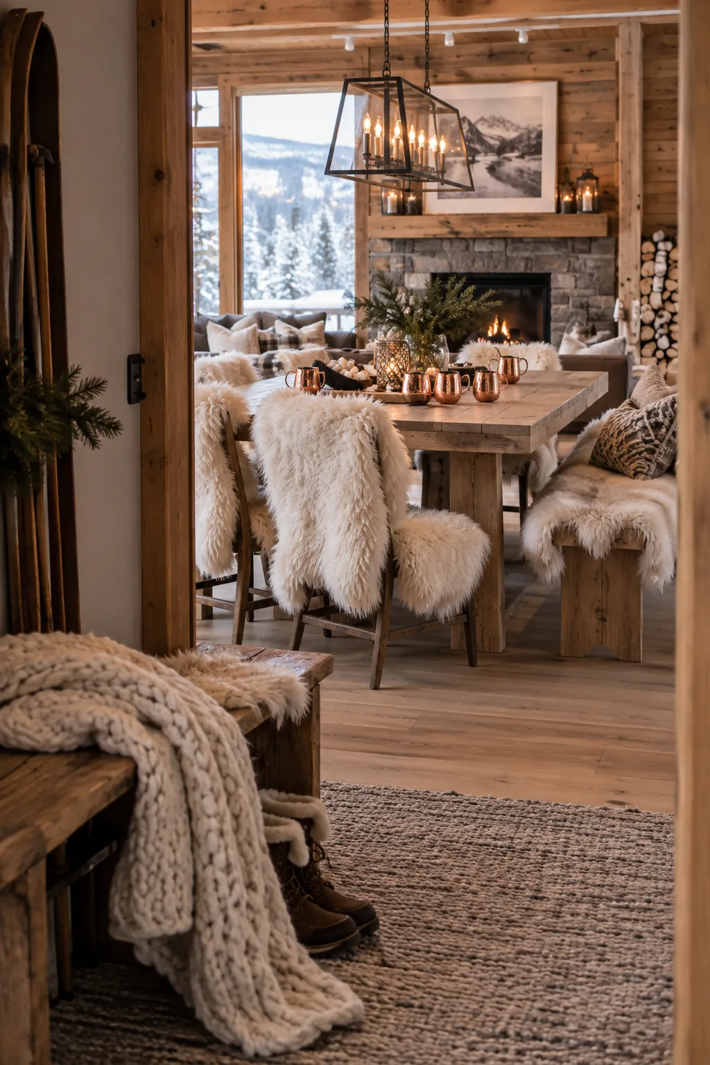 Dining chairs draped with faux sheepskin rugs near stacked birch logs