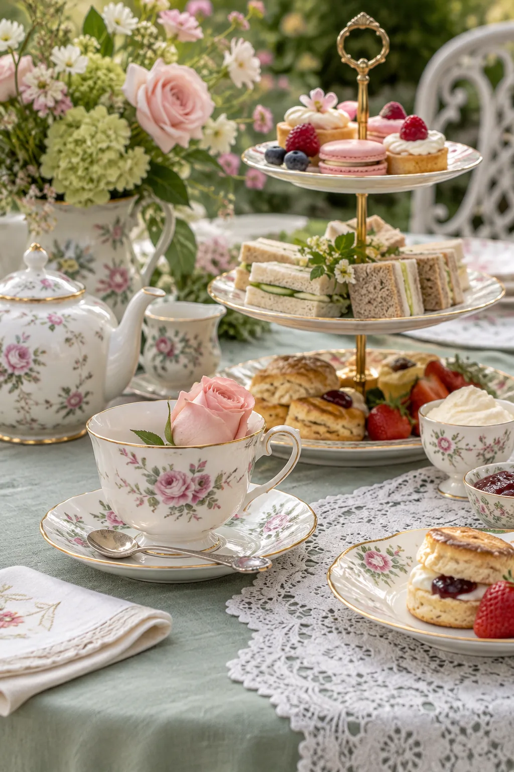 Mismatched vintage bone china teacups and tiered dessert stands on a lace runner